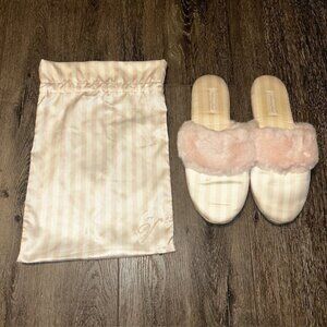 VICTORIA'S SECRET CLASSIC WHITE PINK STRIPE FUZZY COZY SATIN SLIPPERS LARGE
